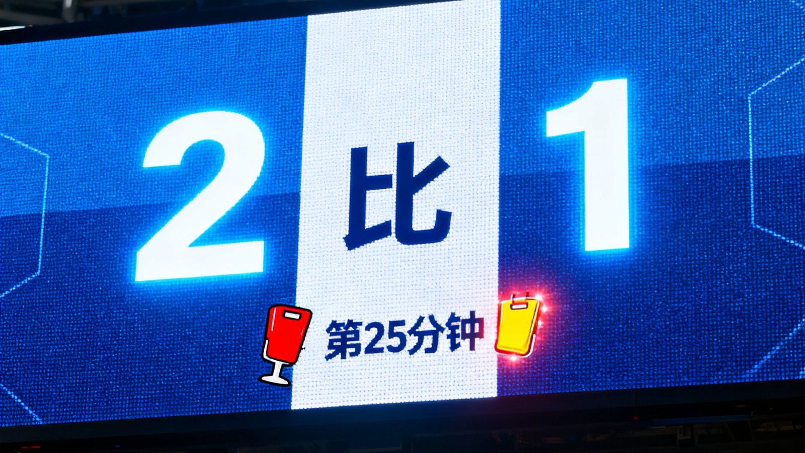 世界杯即时比分界面，电子记分牌显示2比1比分，进球时间标注在比分下方，红黄牌图标闪烁提醒